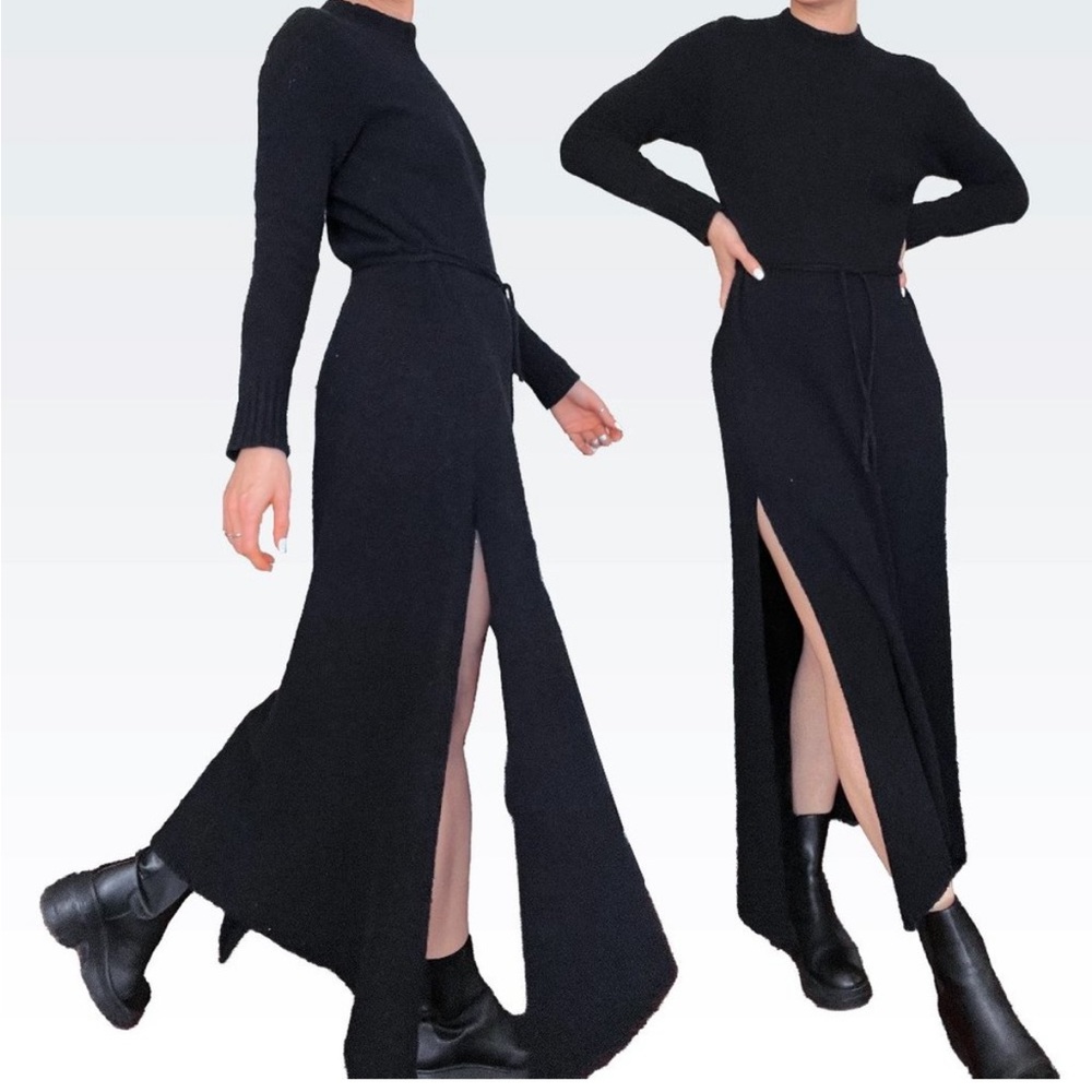 DÔEN • mock neck maxi sweater dress with side slits and waist tie
